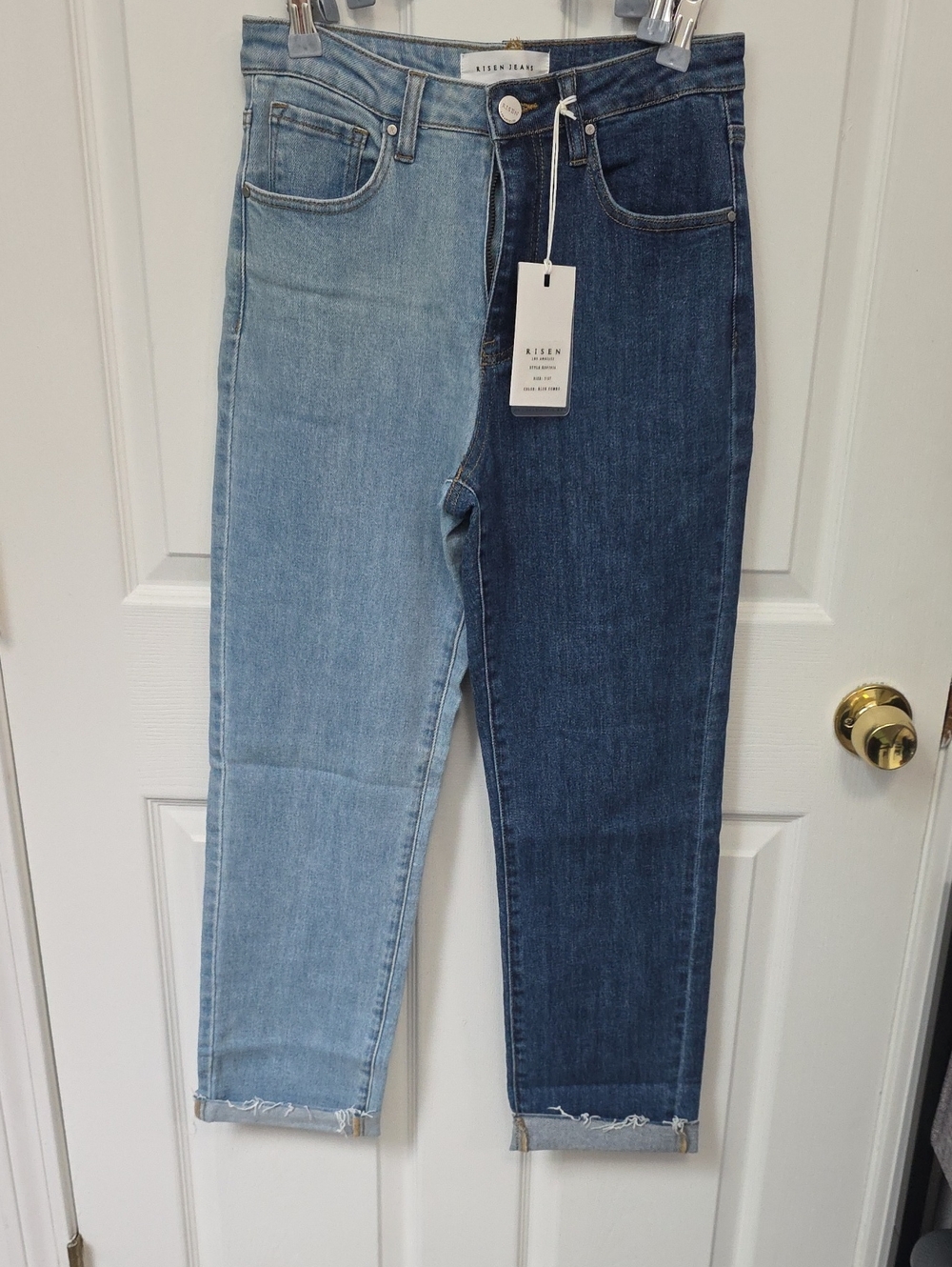 Risen Two-Tone High-Rise Cropped Jeans in Light & Dark Blue